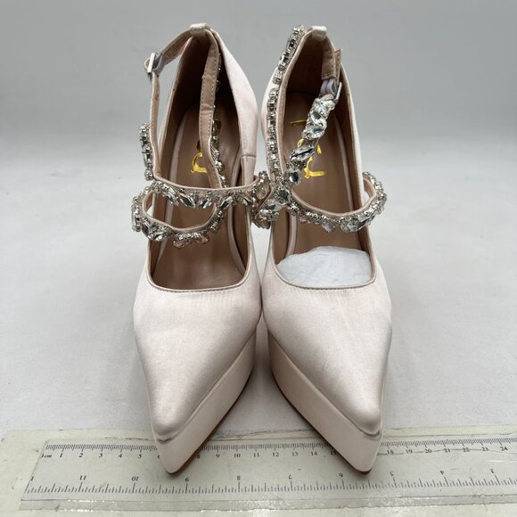 Sho Light Pink Pointed Toe High Heel Platform Pumps Cross Rhinestone Strap Shoes - Picture 3 of 8